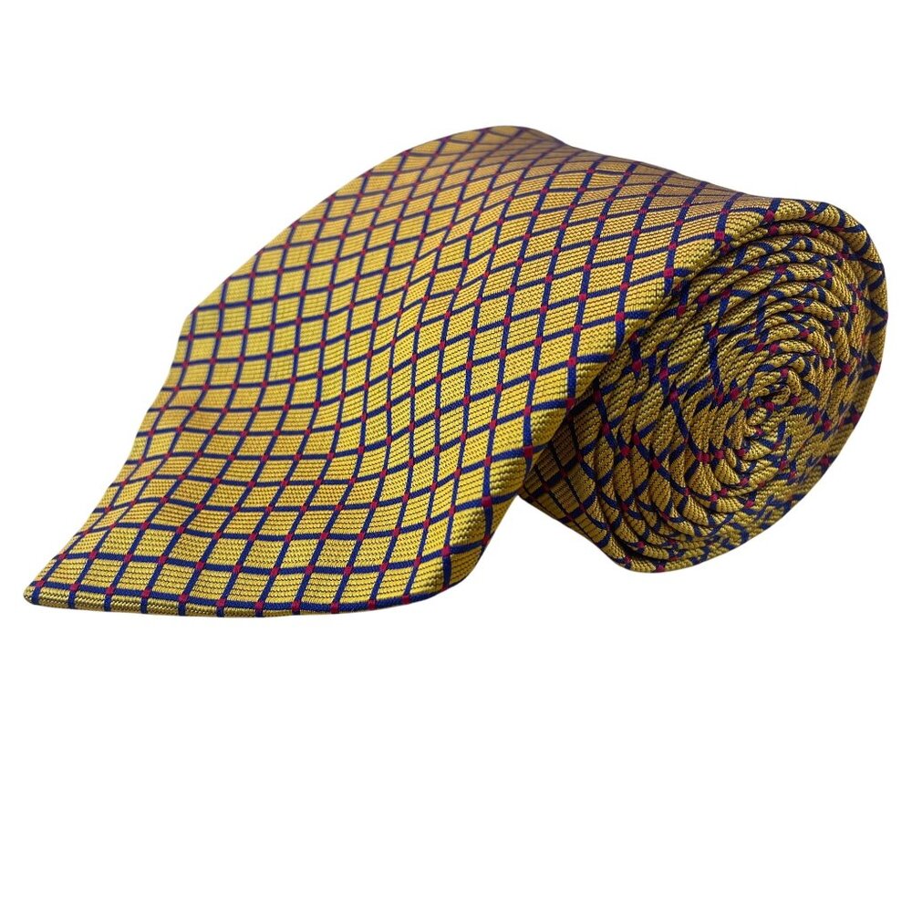 Huntington Men’s Yellow Blue Silk Geometric Pattern Necktie Made In USA Classic